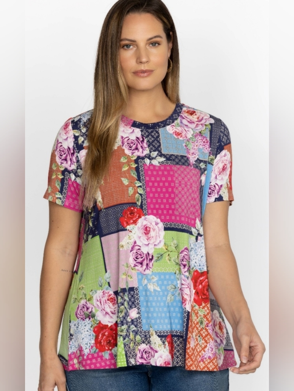 Johnny Was Patchwork Floral Crewneck Short Sleeve Tee - Multicolor